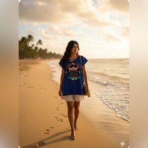 Embroidered Blue Tunic Top Mexican design, 100% handmade Mexican, Size M